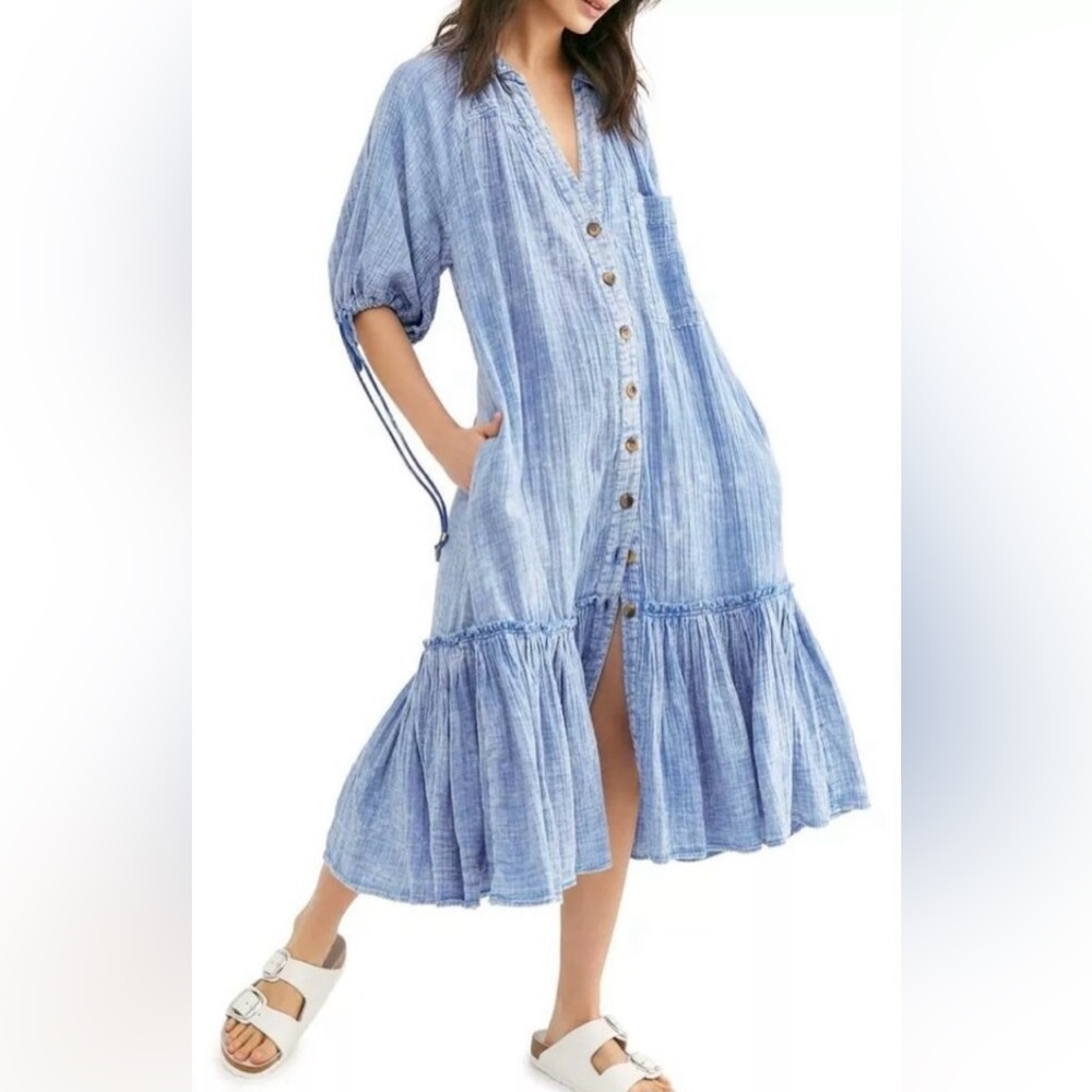Free People Maya Shirt Dress in Blue Size Small